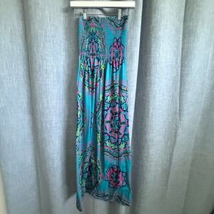Venus Maxi Dress Women XS Blue Pink Mandala Print Strapless Smocked Boho Summer